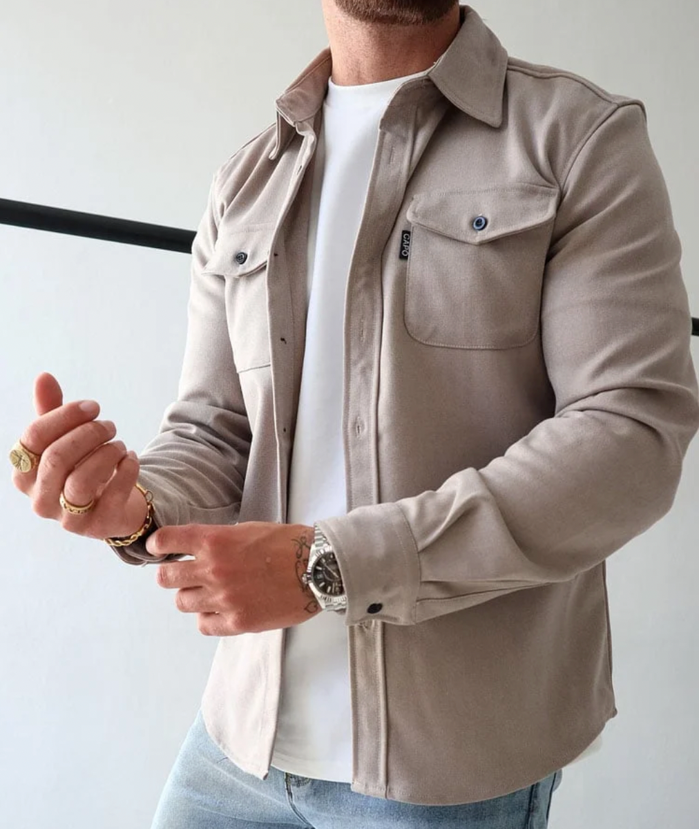 Button-Front Overshirt Jacket - Beige