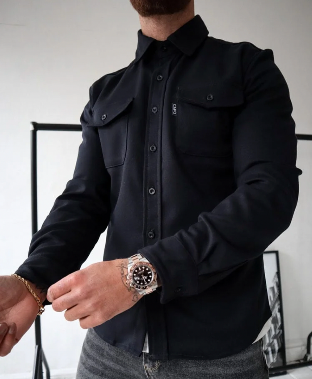 Button-Front Overshirt Jacket - Black