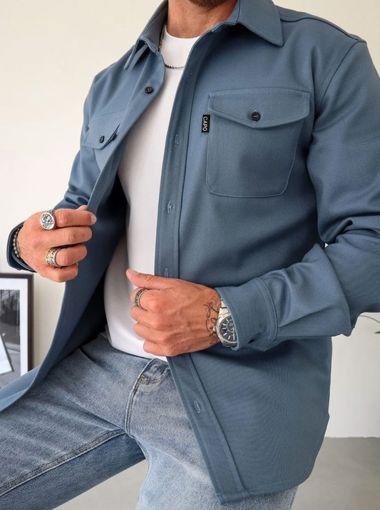 Button-Front Overshirt Jacket - Blue