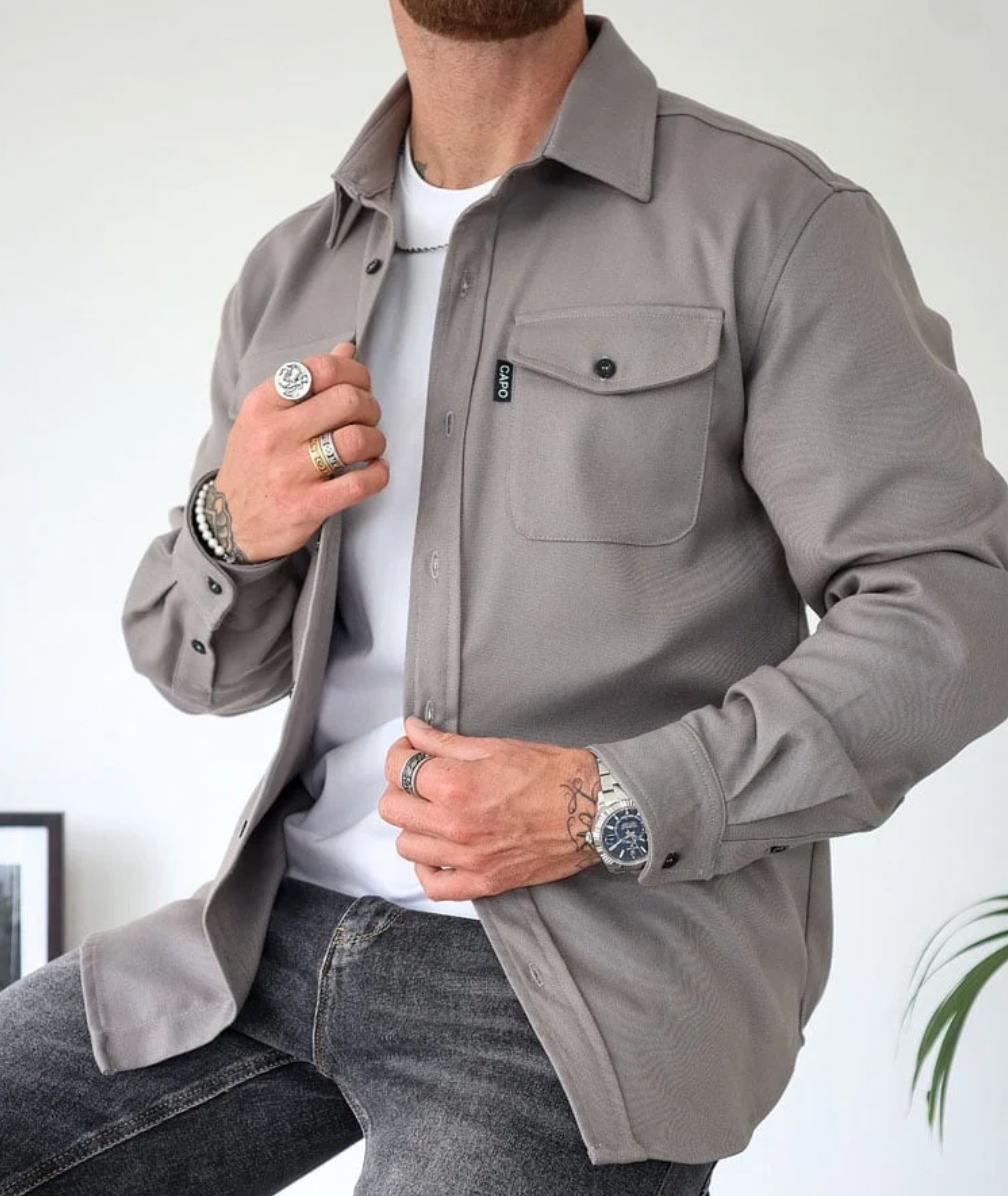 Button-Front Overshirt Jacket - Gray