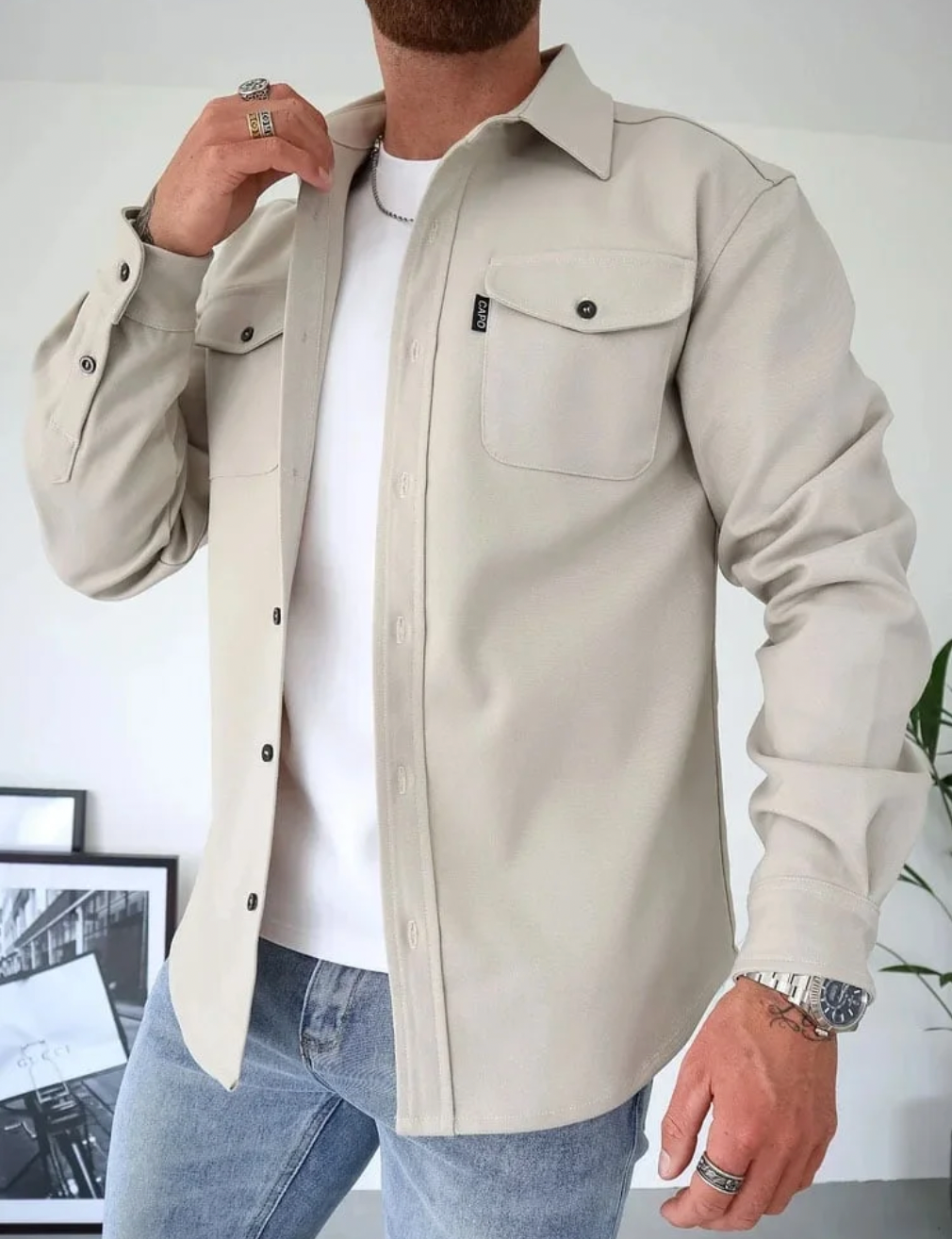 Button-Front Overshirt Jacket - Light Beige