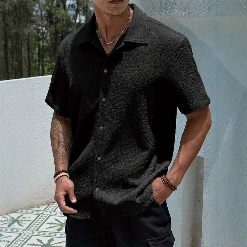 Casual Shirt with Cuban Collar and Button Front - Black