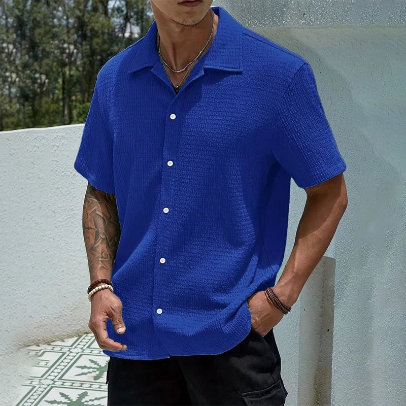 Casual Shirt with Cuban Collar and Button Front - Blue