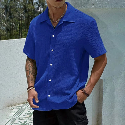 Casual Shirt with Cuban Collar and Button Front - Blue