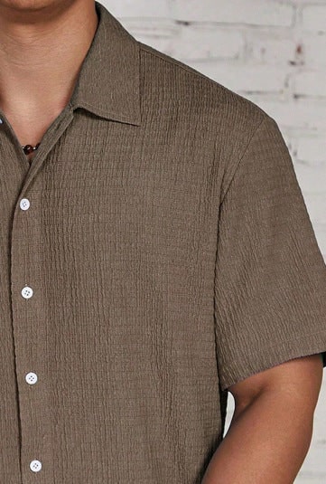 Casual Shirt with Cuban Collar and Button Front - Brown