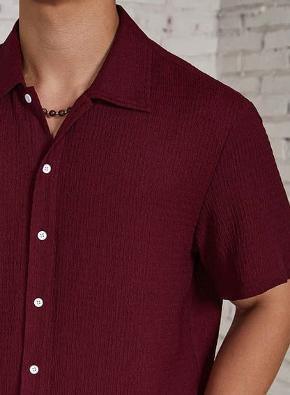 Casual Shirt with Cuban Collar and Button Front - Burgundy