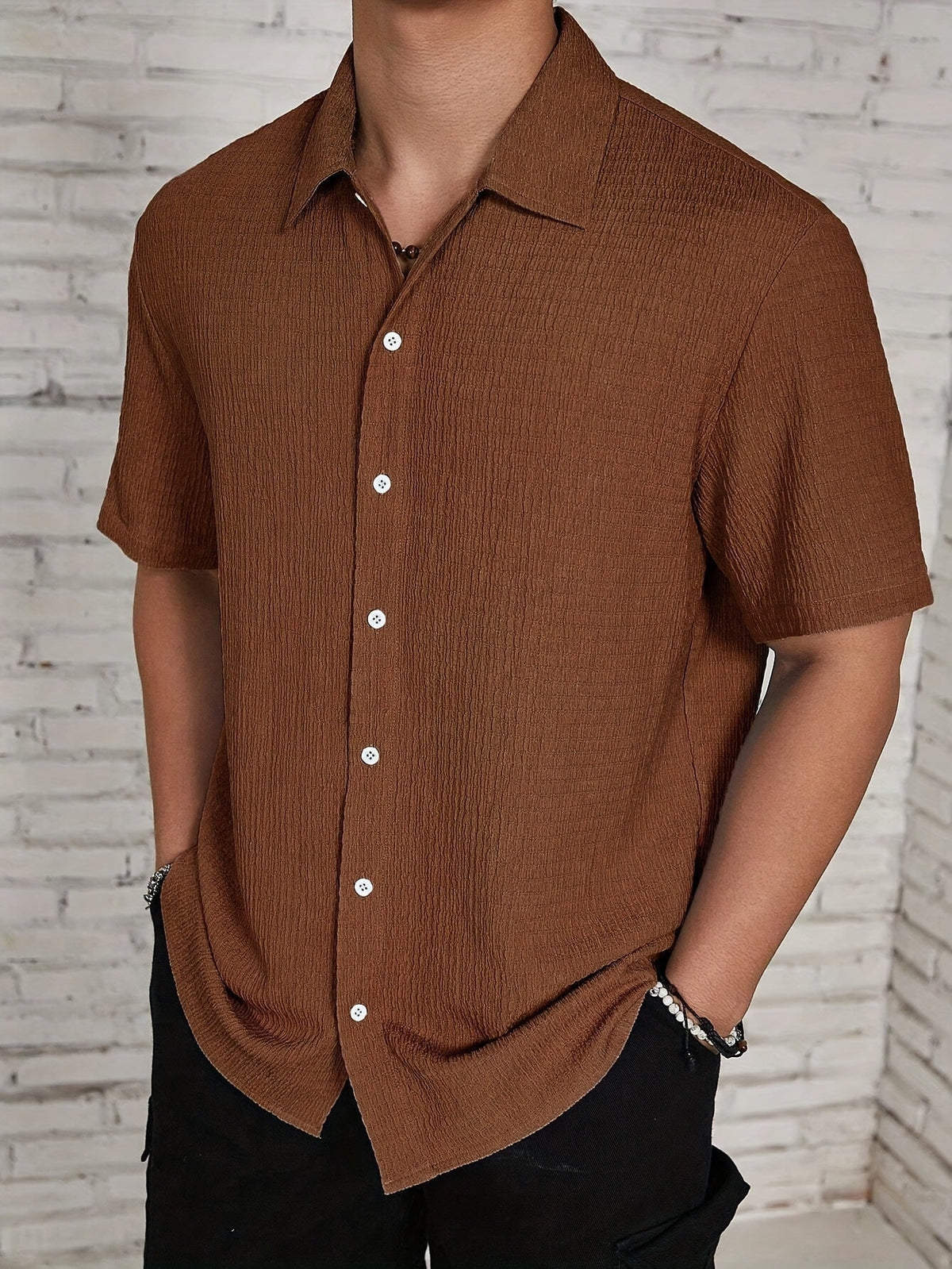 Casual Shirt with Cuban Collar and Button Front - Dark Brown