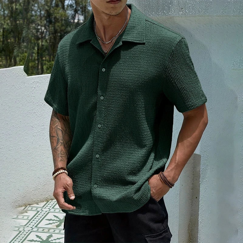 Casual Shirt with Cuban Collar and Button Front - Green