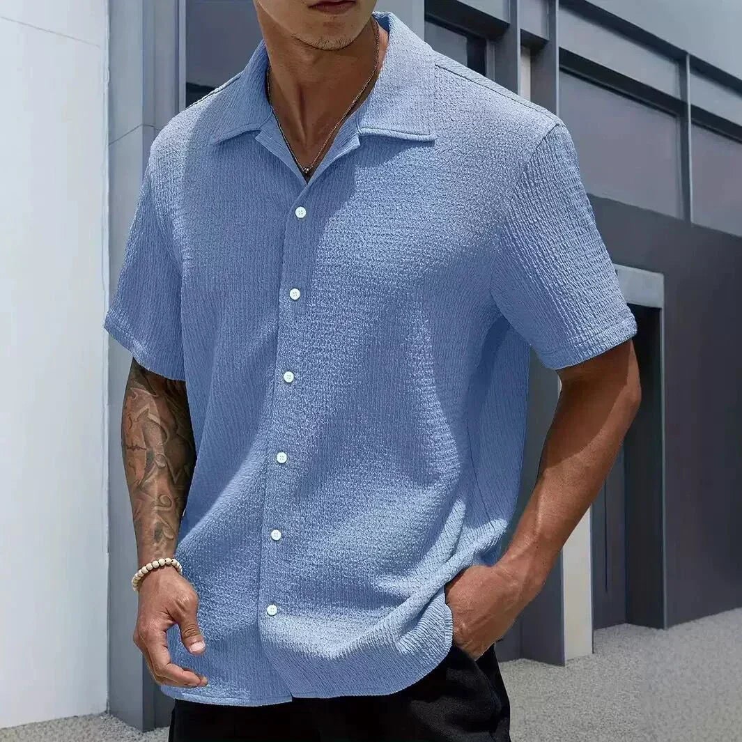 Casual Shirt with Cuban Collar and Button Front - Light Blue