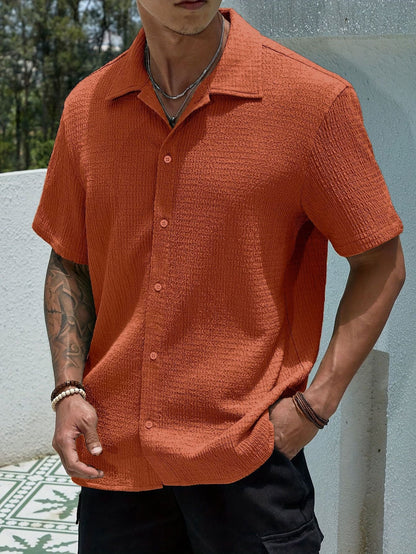 Casual Shirt with Cuban Collar and Button Front - Orange