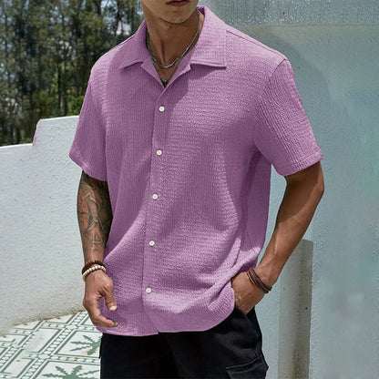 Casual Shirt with Cuban Collar and Button Front - Purple