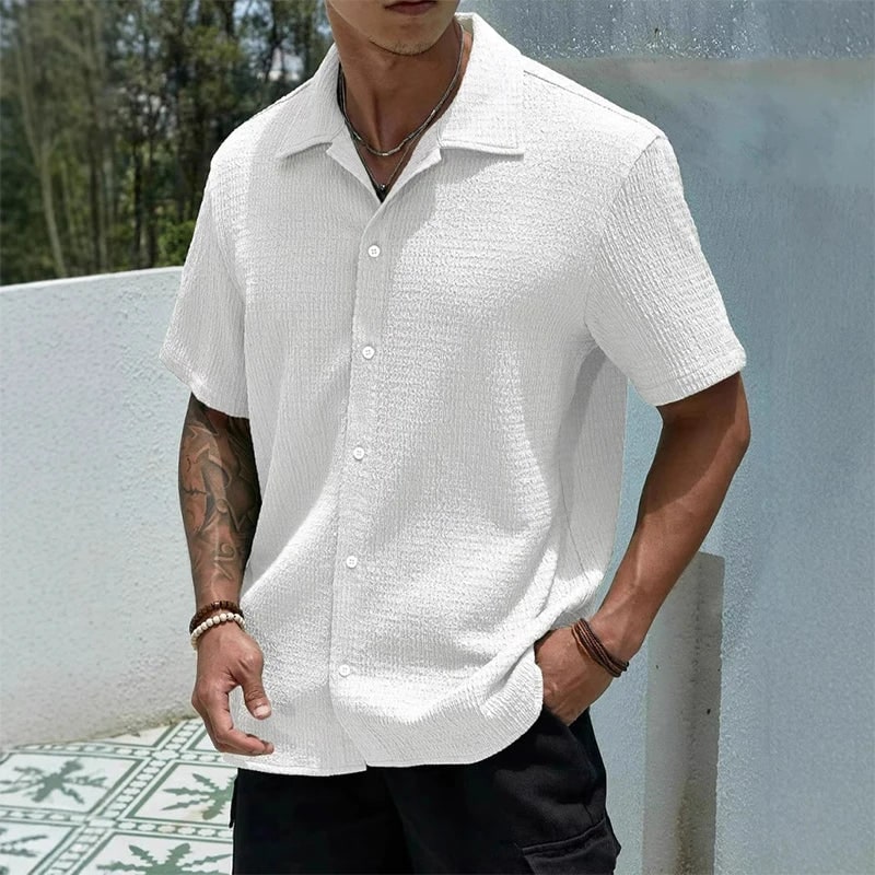 Casual Shirt with Cuban Collar and Button Front - White