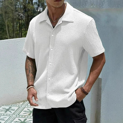 Casual Shirt with Cuban Collar and Button Front - White