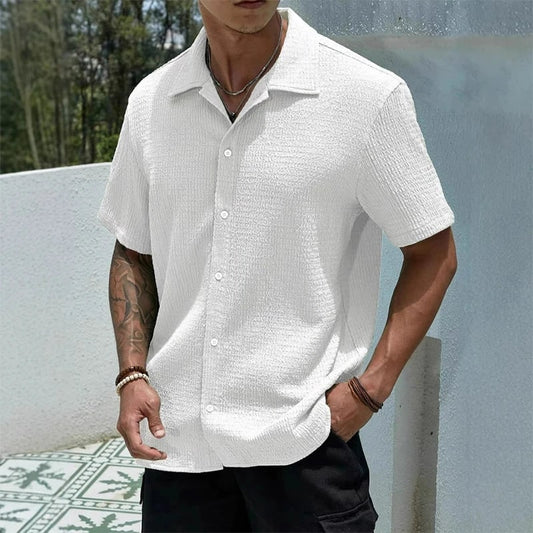 Casual Shirt with Cuban Collar and Button Front - White