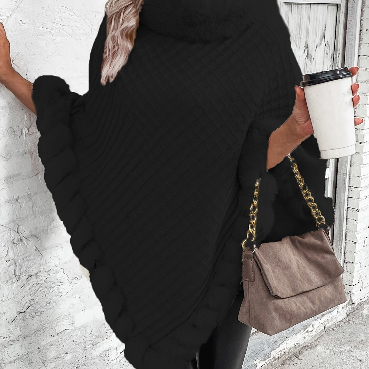 Comfortable Faux Fur Trim Poncho for Women - Black
