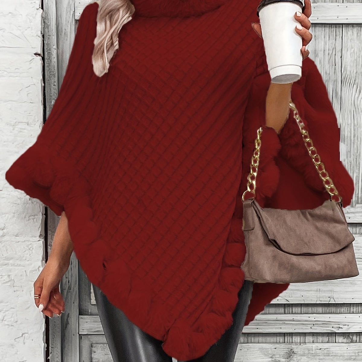 Comfortable Faux Fur Trim Poncho for Women - Crimson
