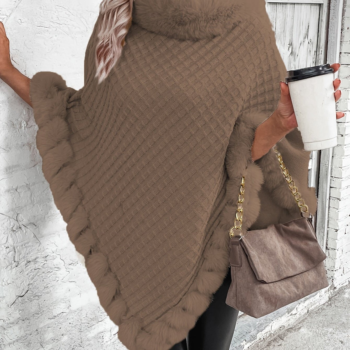 Comfortable Faux Fur Trim Poncho for Women - Khaki
