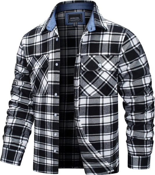Cotton Checked Flannel Shirt Jacket for Men - Black