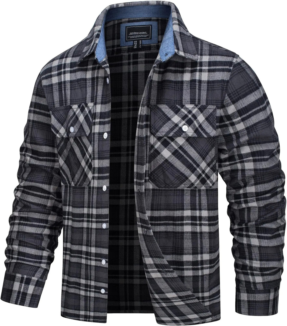Cotton Checked Flannel Shirt Jacket for Men - Black Grey