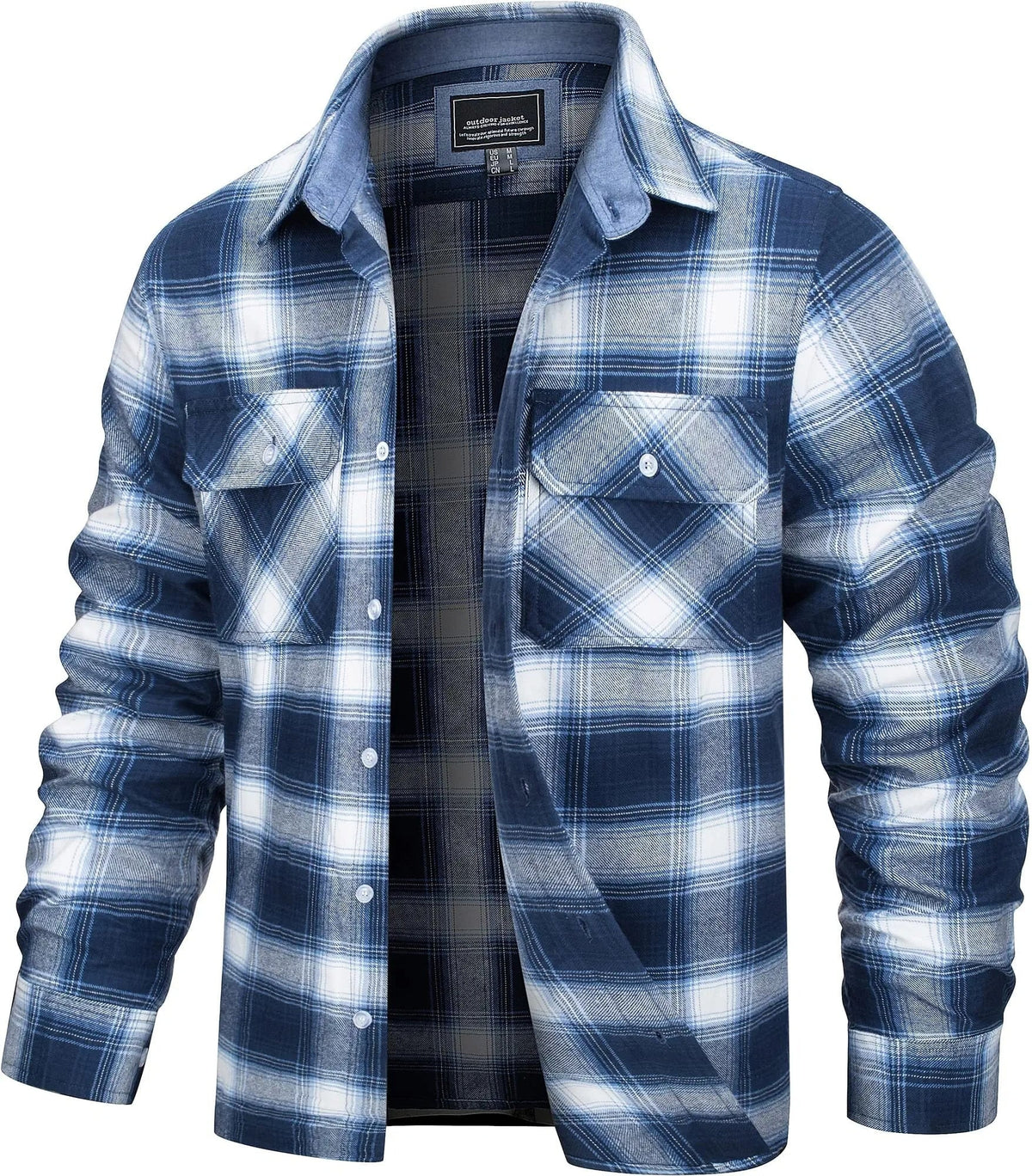 Cotton Checked Flannel Shirt Jacket for Men - Blue White