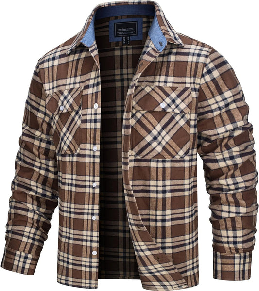 Cotton Checked Flannel Shirt Jacket for Men - Brown