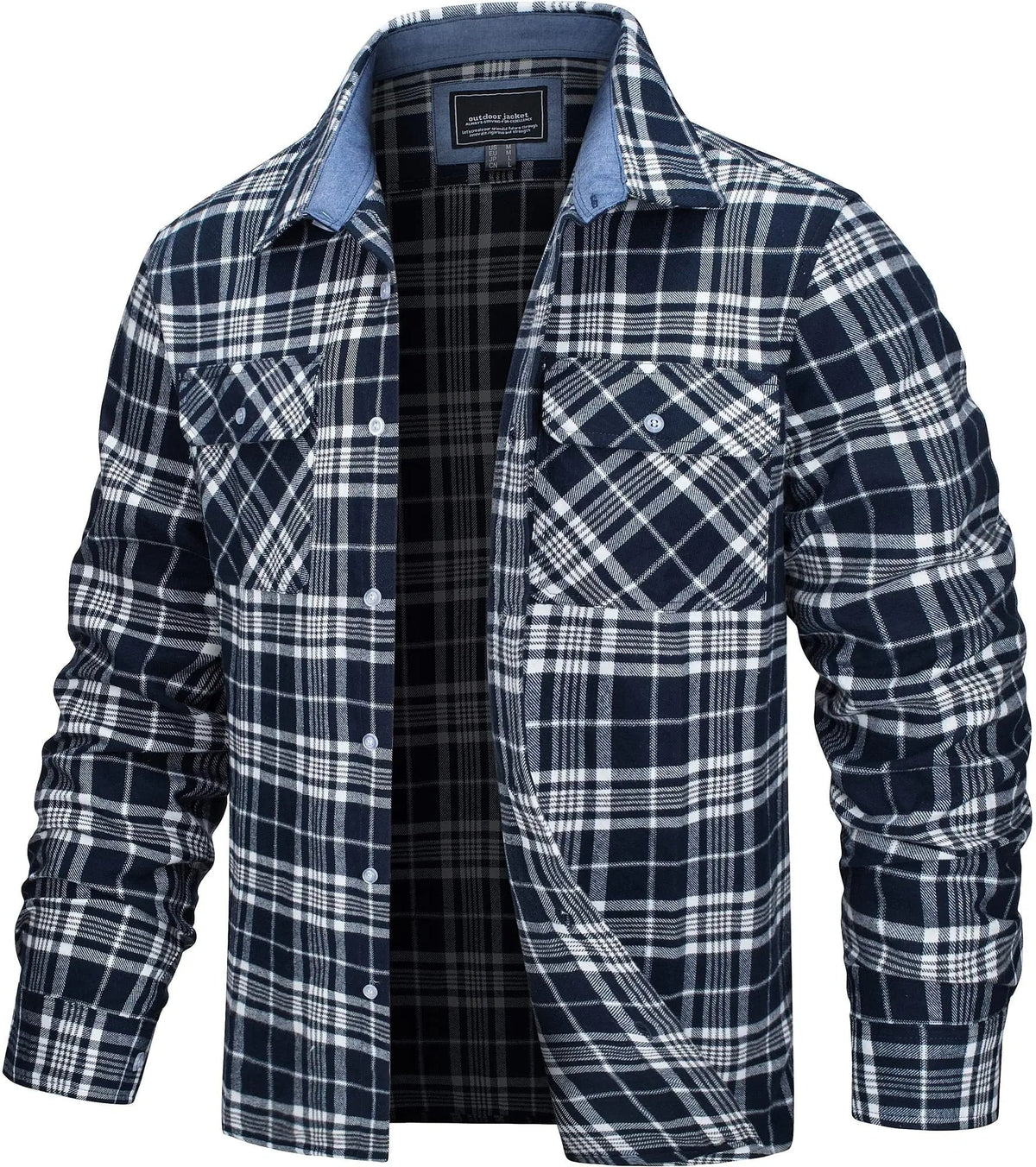 Cotton Checked Flannel Shirt Jacket for Men - Navy Blue