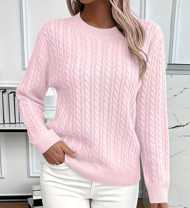 Crew-Neck Cable-Knit Sweater for Women - Pink