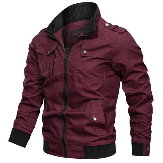 Field Bomber Jacket with Multiple Pockets - Date Red
