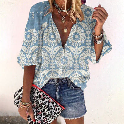 Floral Button-Front Blouse - Blue