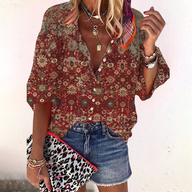 Floral Button-Front Blouse - Brown