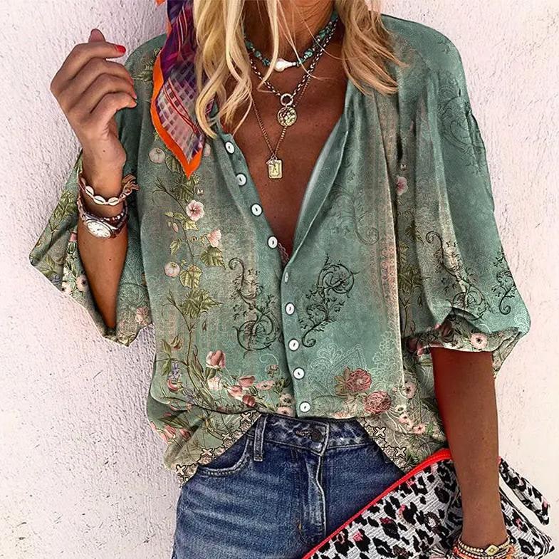 Floral Button-Front Blouse - Green