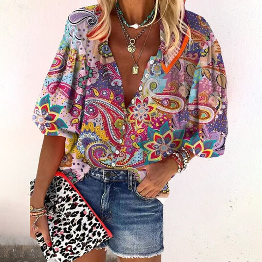 Floral Button-Front Blouse - Pink