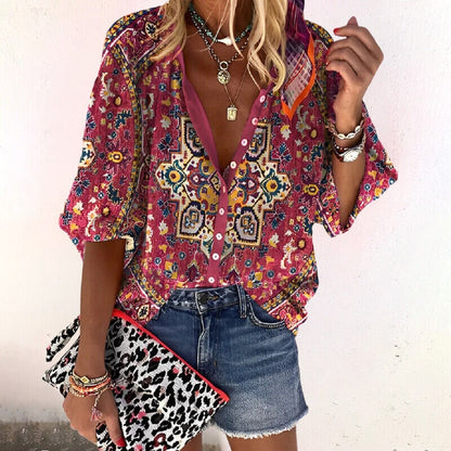 Floral Button-Front Blouse - Red