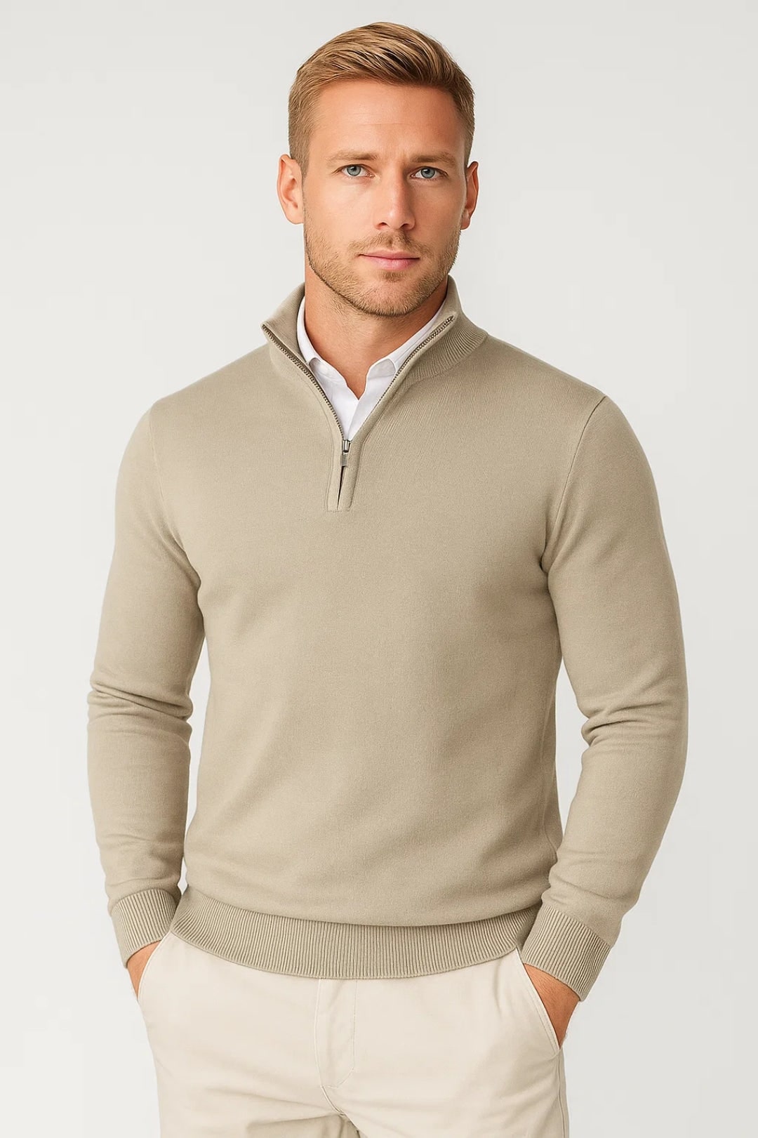 Half Zip High Neck Sweater for Women - Beige