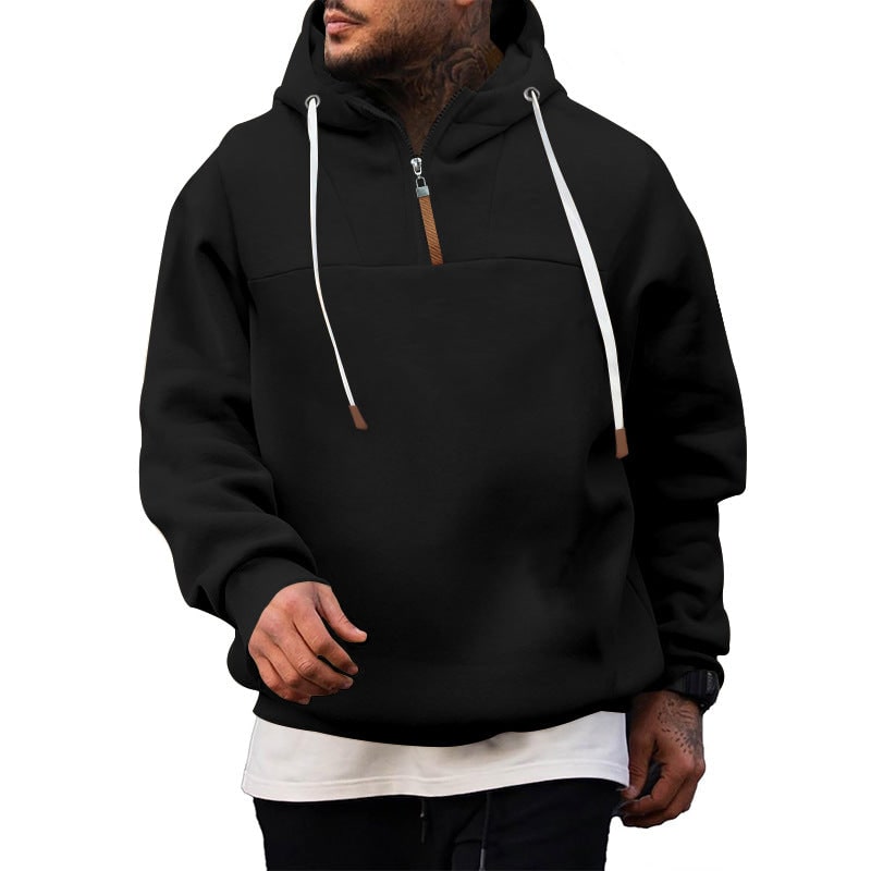 Half-Zip Hooded Pullover for Men - Black