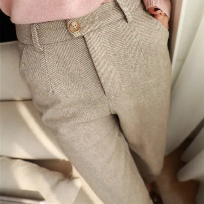 Harrow Herringbone Wool Trousers - Beige