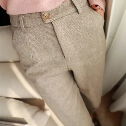 Harrow Herringbone Wool Trousers - Beige