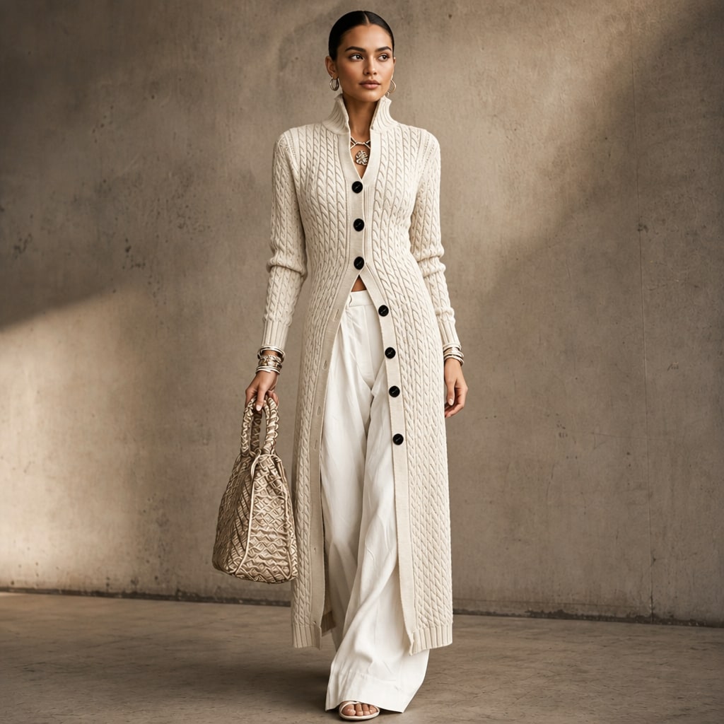High-Collar Cable-Knit Duster Cardigan for Women - Beige