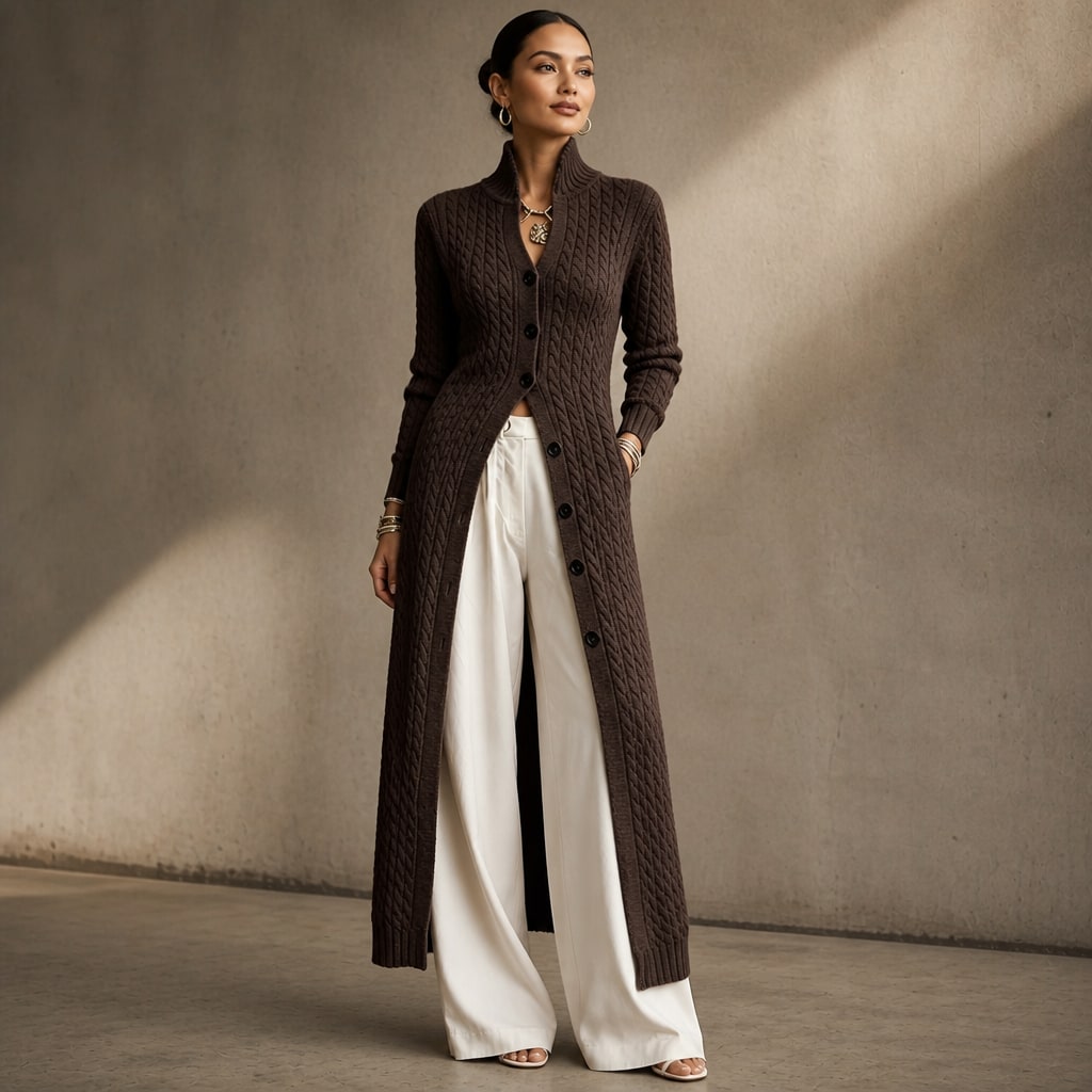 High-Collar Cable-Knit Duster Cardigan for Women - Brown
