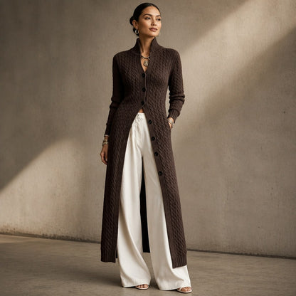 High-Collar Cable-Knit Duster Cardigan for Women - Brown