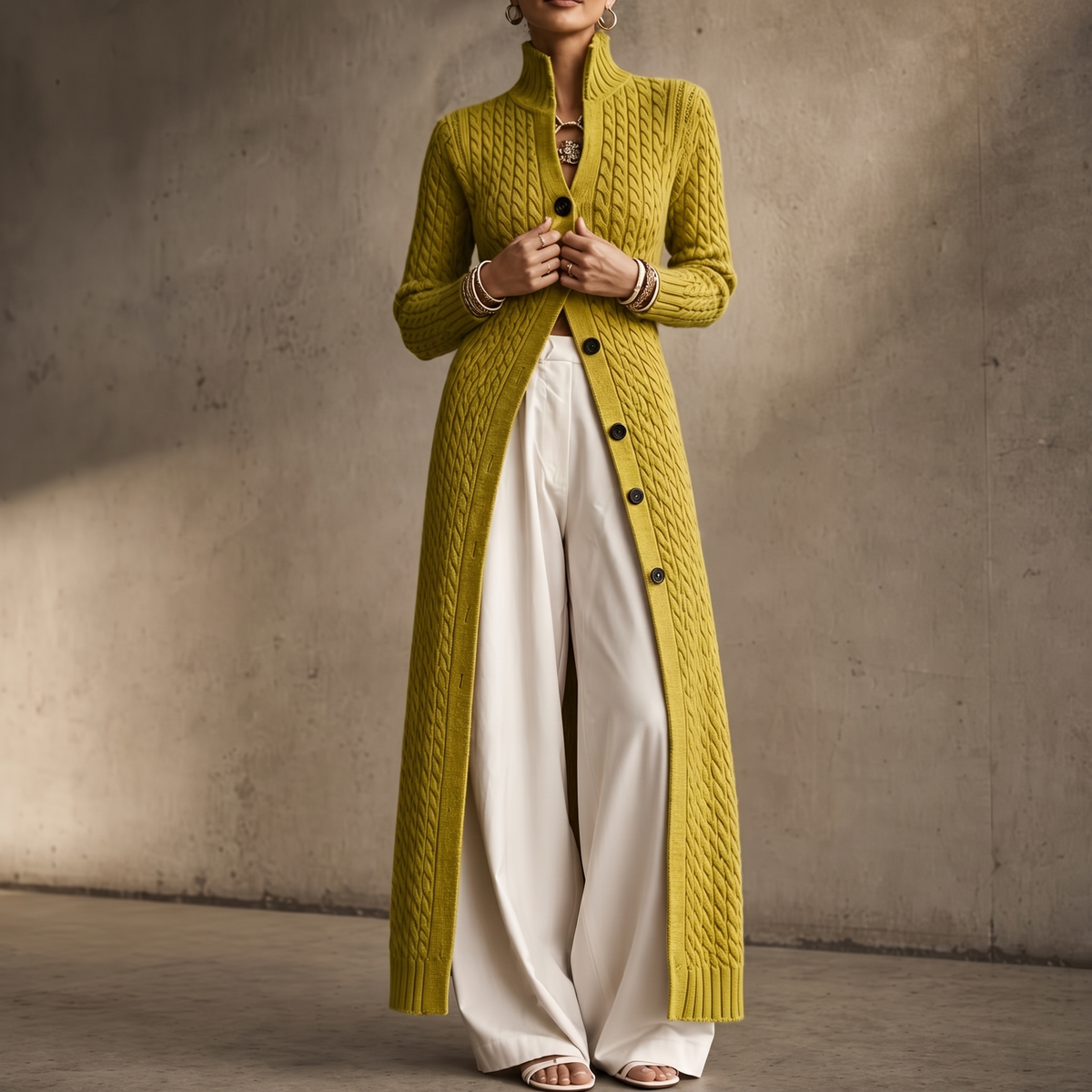High-Collar Cable-Knit Duster Cardigan for Women