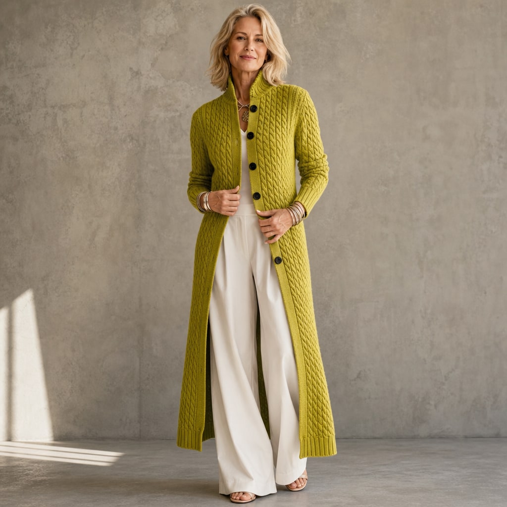 High-Collar Cable-Knit Duster Cardigan for Women