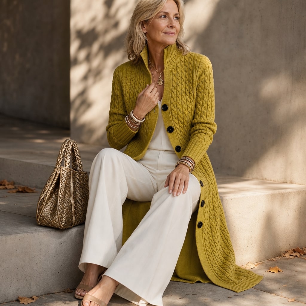 High-Collar Cable-Knit Duster Cardigan for Women