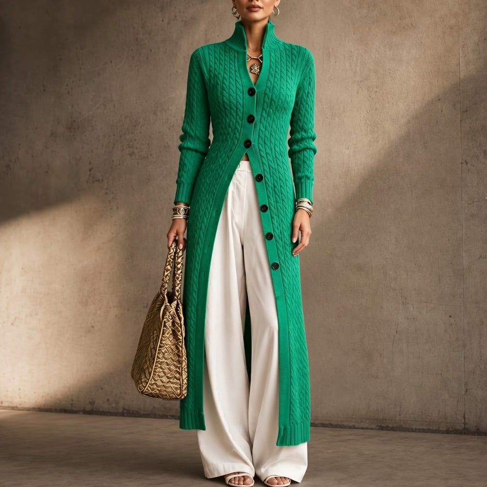 High-Collar Cable-Knit Duster Cardigan for Women - Green