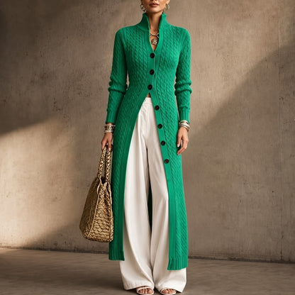 High-Collar Cable-Knit Duster Cardigan for Women - Green