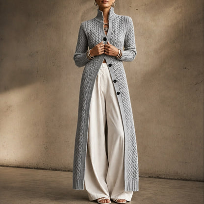 High-Collar Cable-Knit Duster Cardigan for Women - Grey