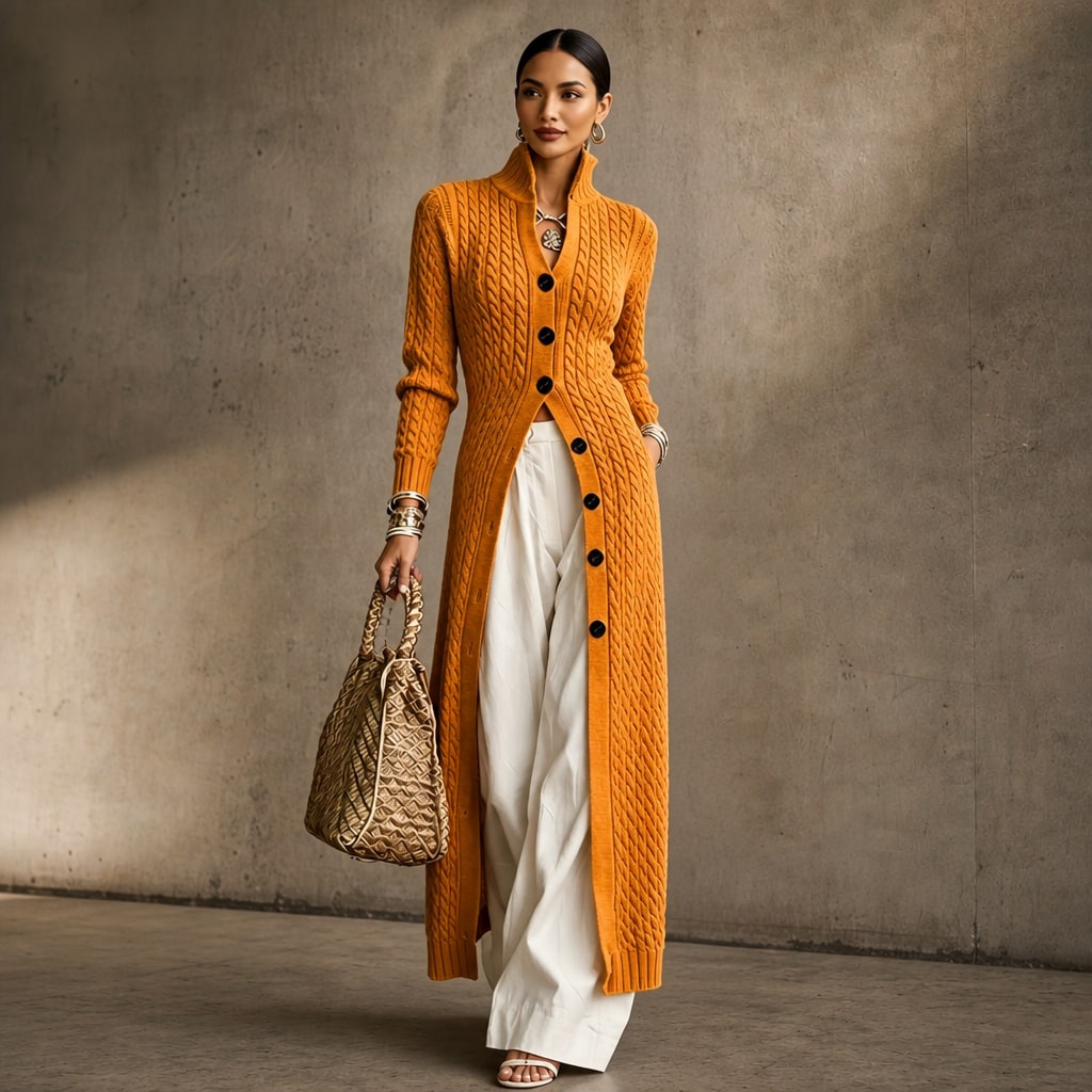High-Collar Cable-Knit Duster Cardigan for Women - Orange