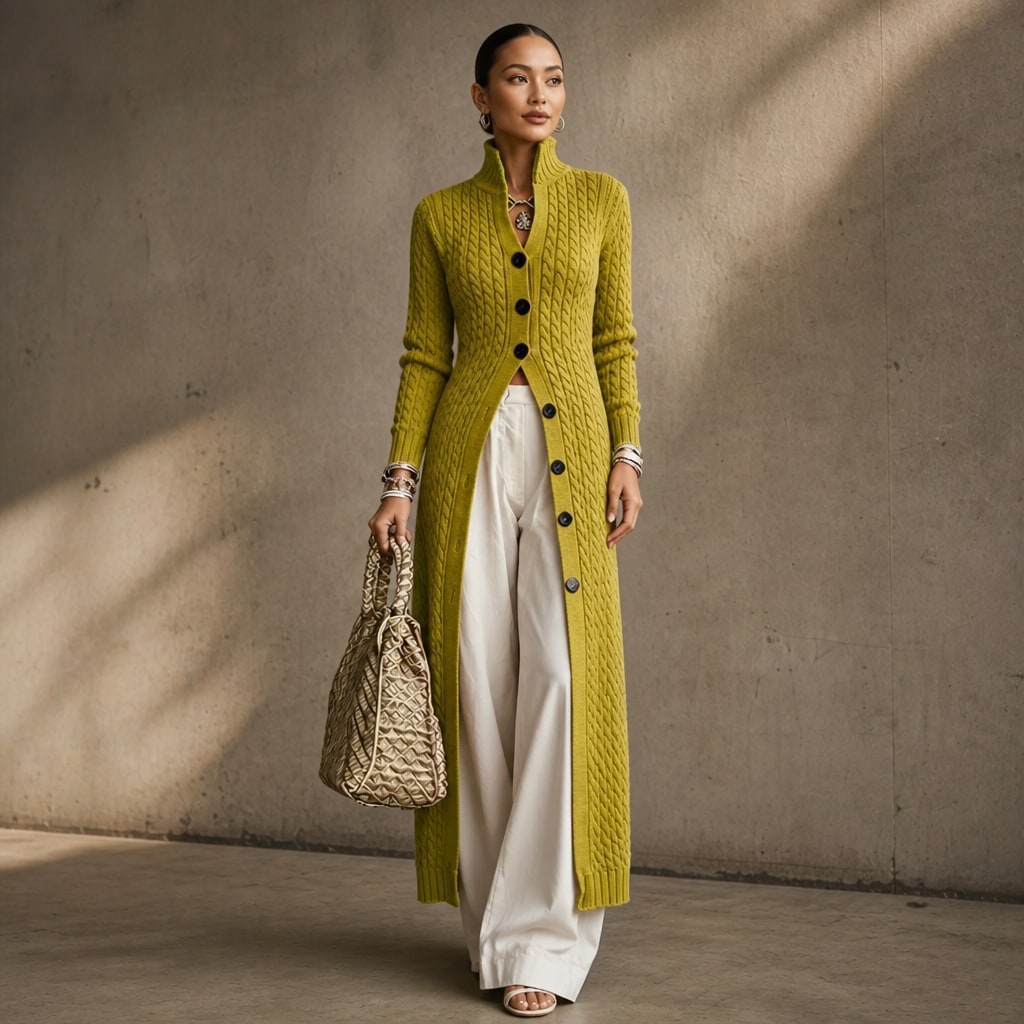 High-Collar Cable-Knit Duster Cardigan for Women - Yellow Green