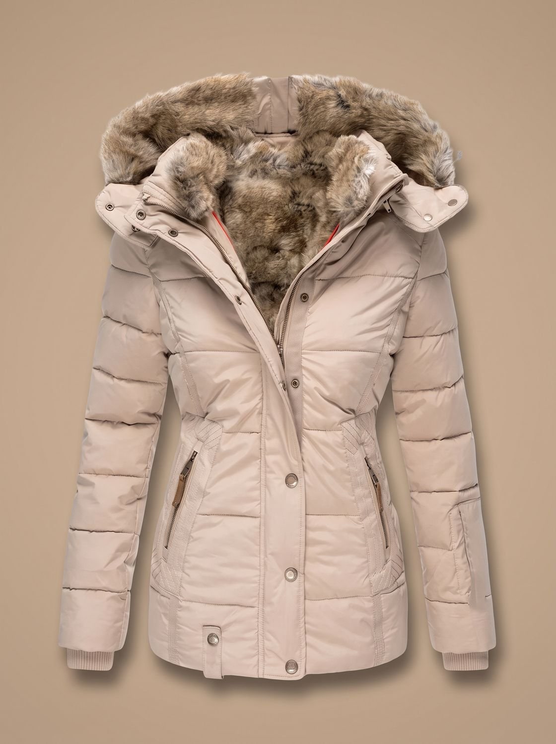 Hooded Quilted Puffer Winter Coat for Women - Beige