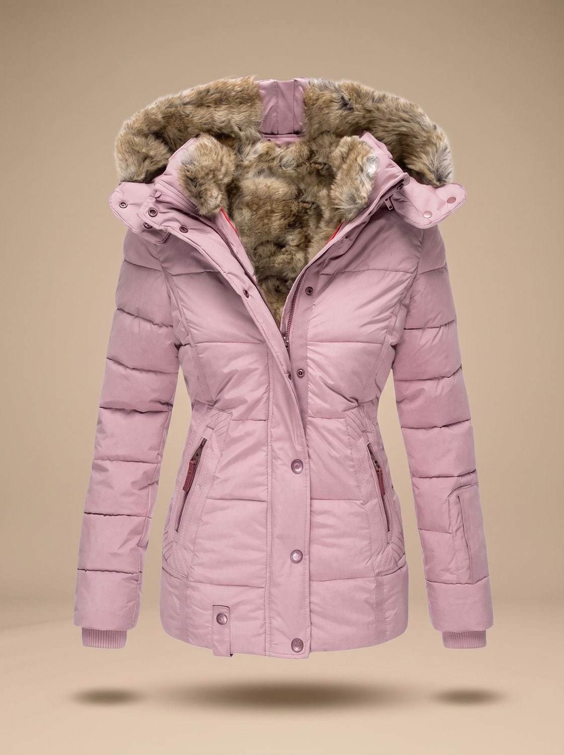 Hooded Quilted Puffer Winter Coat for Women - Pink